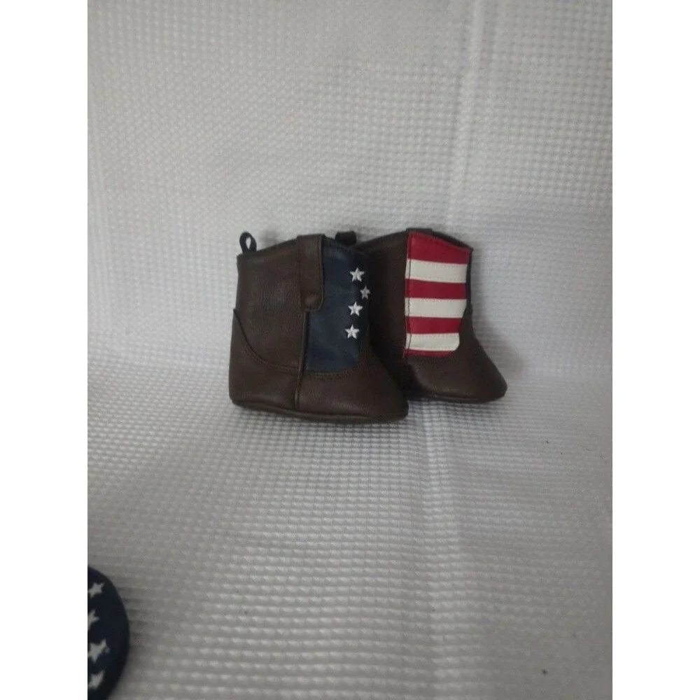 Rising Star Brown Faux Leather Stars & Stripes Flag Boots Booties 6-9m + Sandals